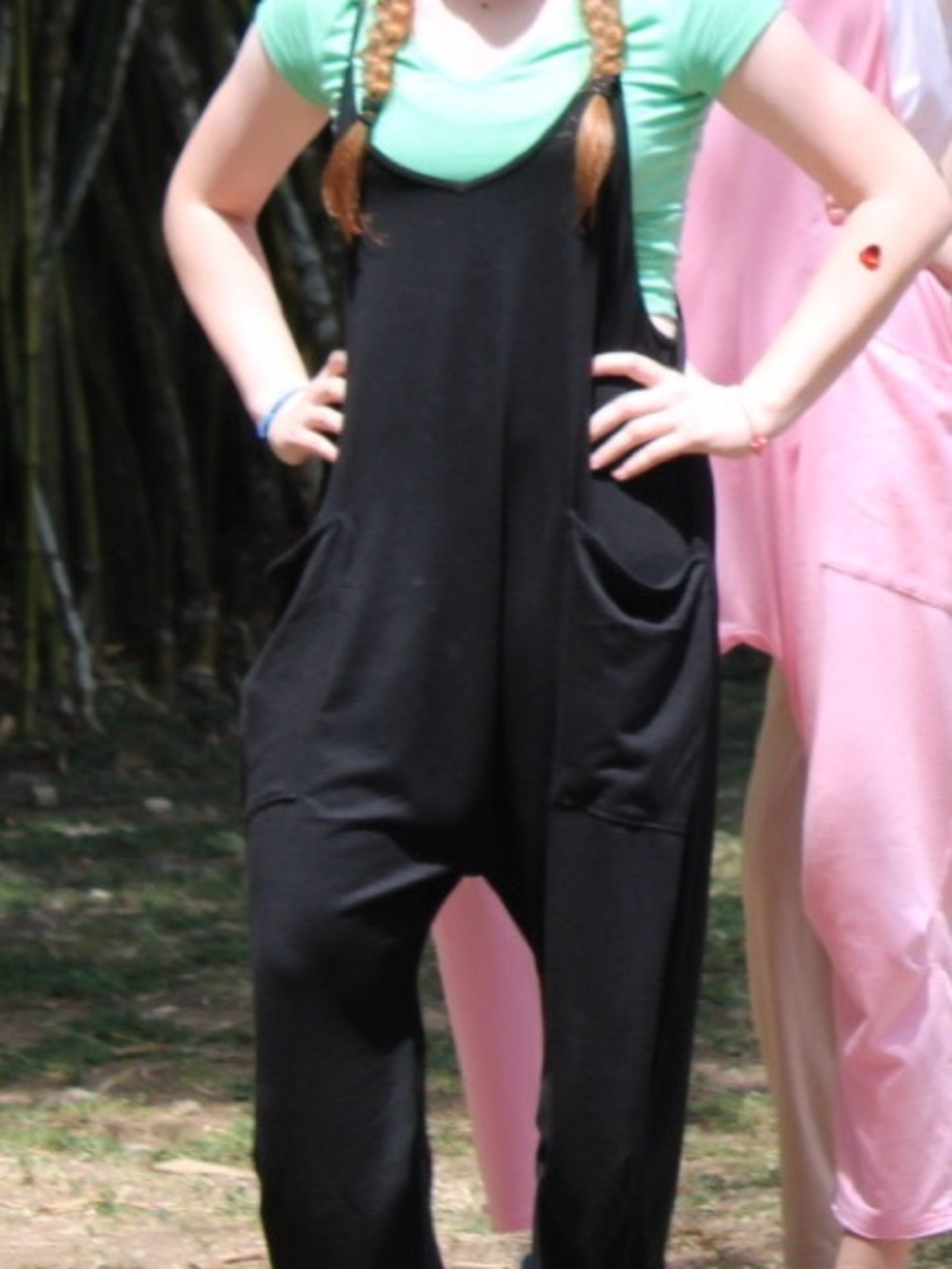 Black One-Piece Bodysuit Overalls with Front Pockets